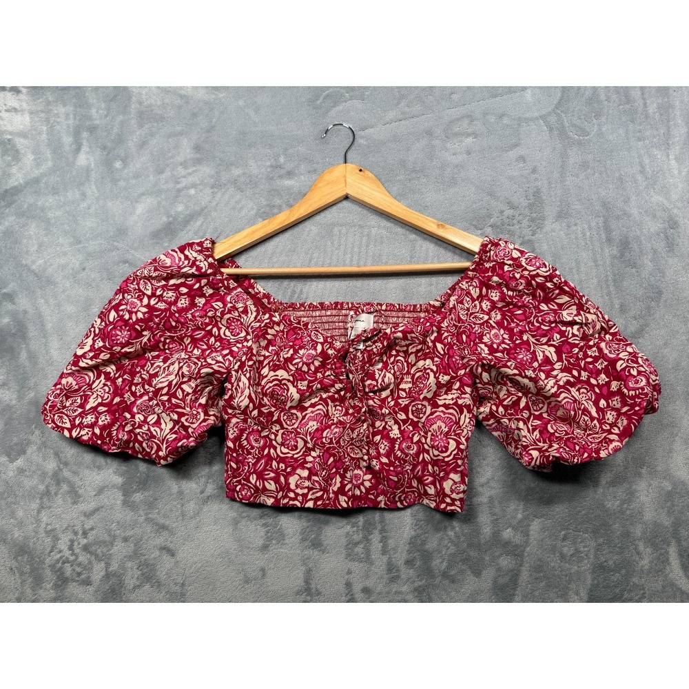 Japna Smocked Crop Top Womens Medium Burgundy Cream Floral Puff Sleeve Tie Front